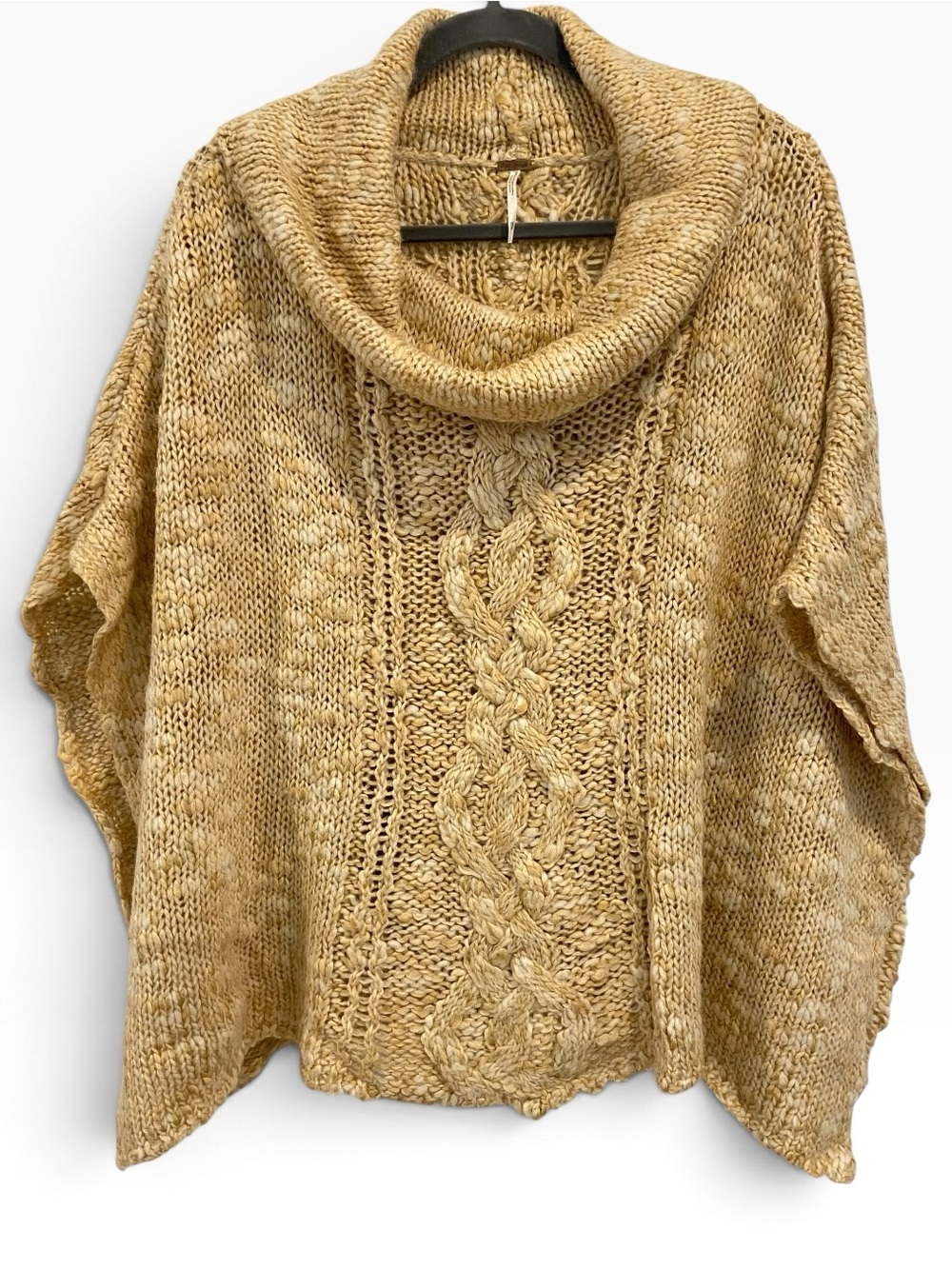 Free People Cable Knit Cowl Neck Poncho Wool Blend XS/S Mustard Gold Cream